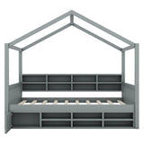 Wood Full House Kids Storage Bed Frame with Shelves and Mini-Cabinet