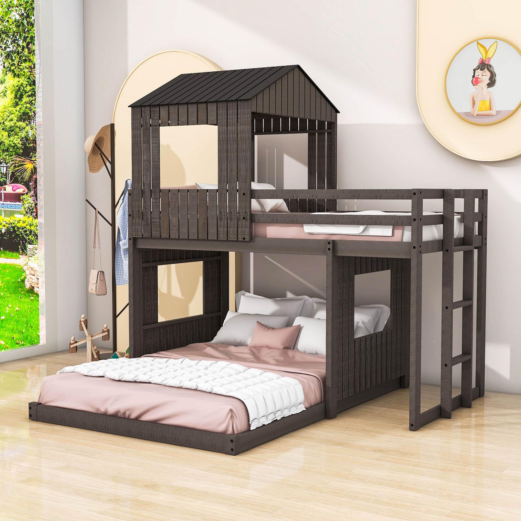 Fun Wooden L-Shaped Twin Over Full House Bunk Beds for Kids - [Low to Floor]