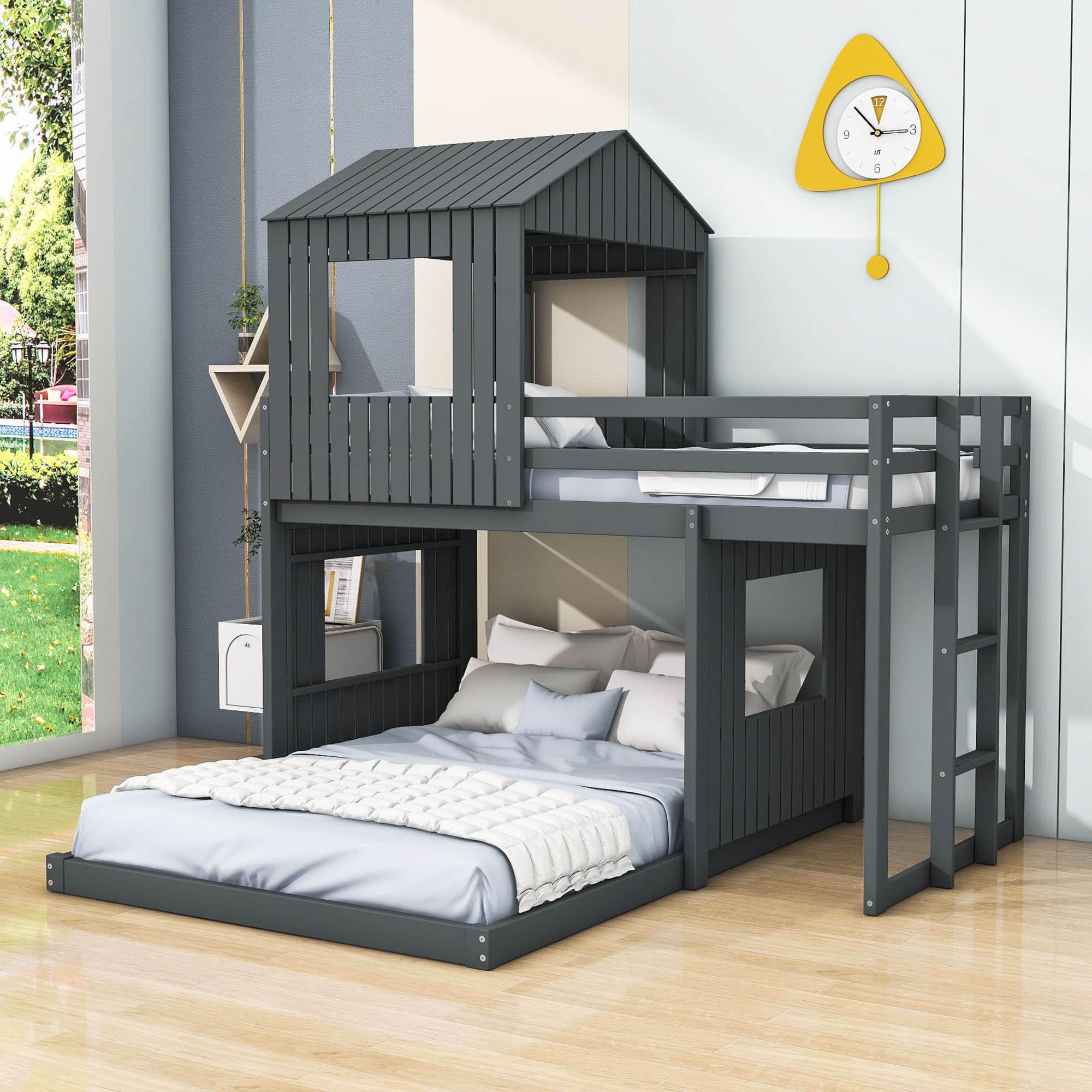 Fun Wooden L-Shaped Twin Over Full House Bunk Beds for Kids - [Low to Floor]