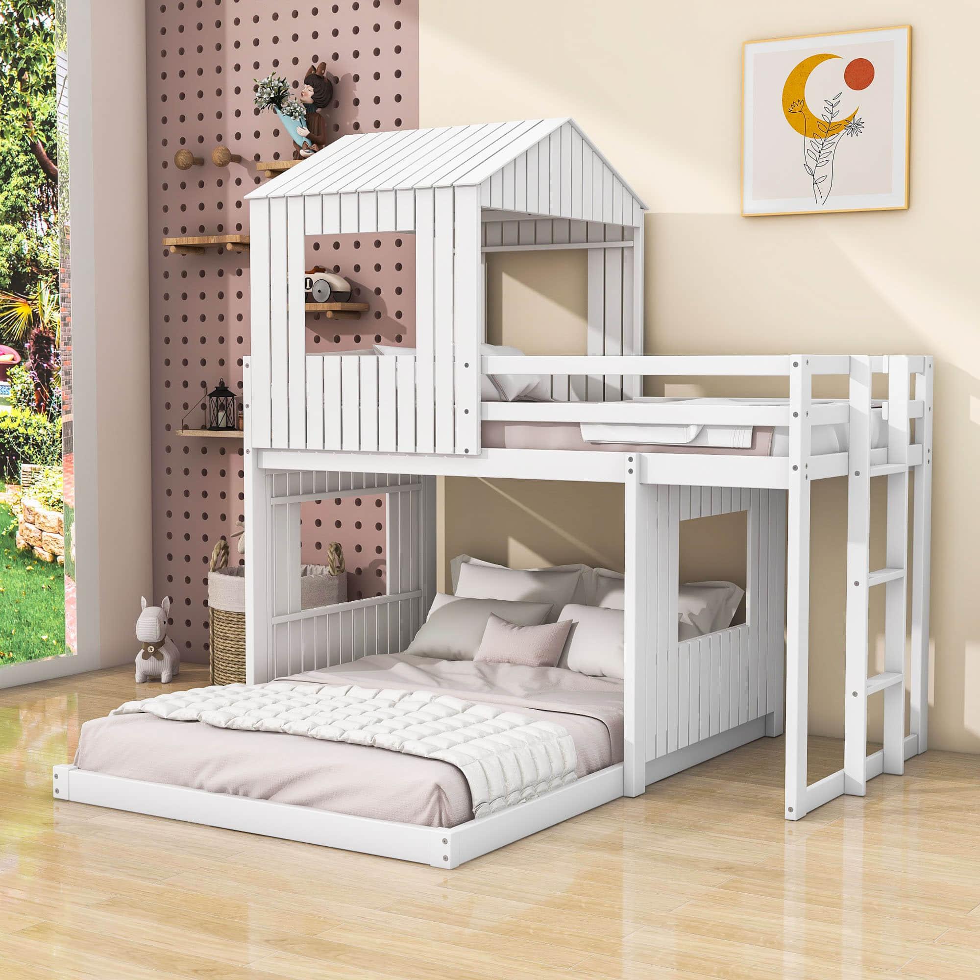 Fun Wooden L-Shaped Twin Over Full House Bunk Beds for Kids - [Low to Floor]