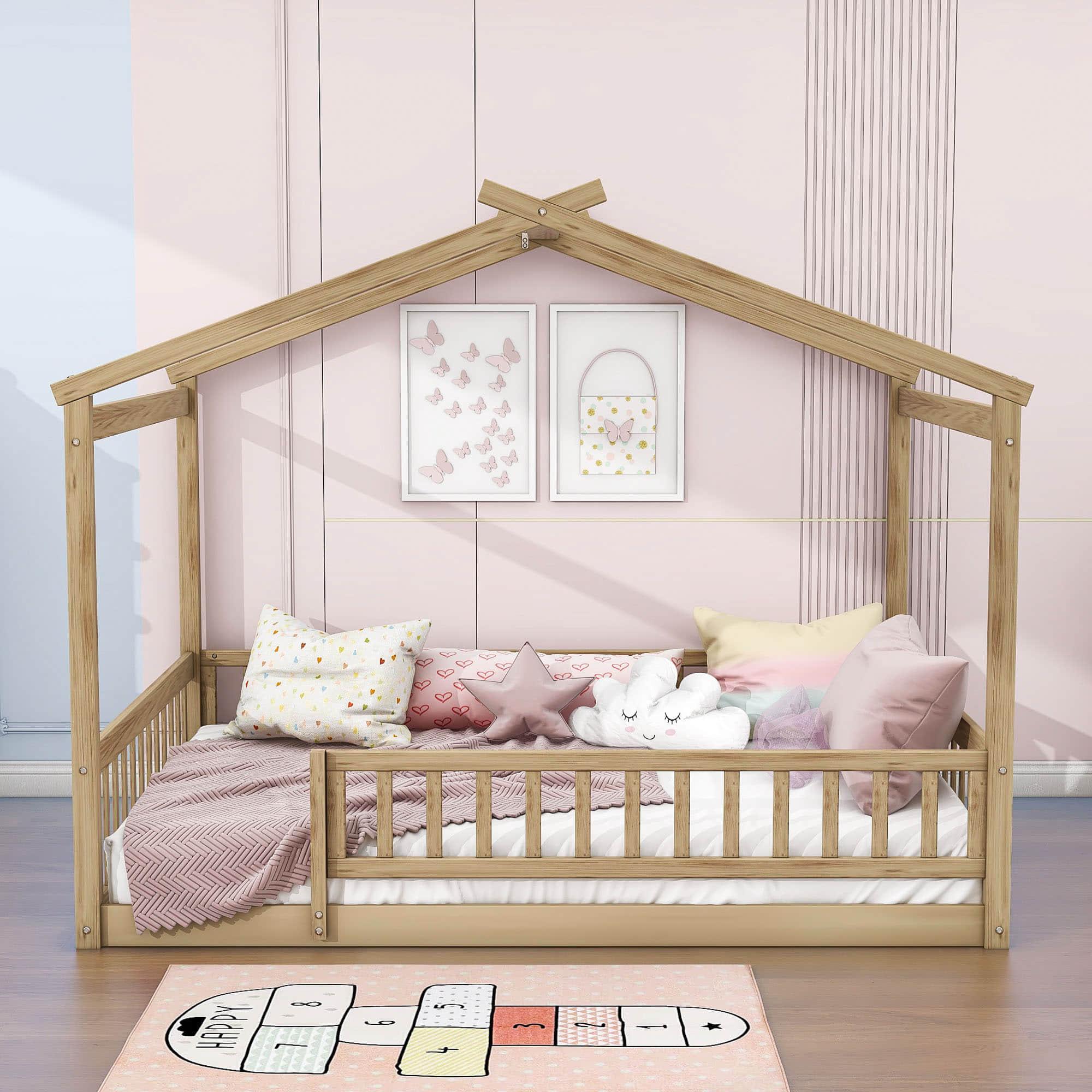 Full Size Wood House Kids Toddler Floor Bed with Rails