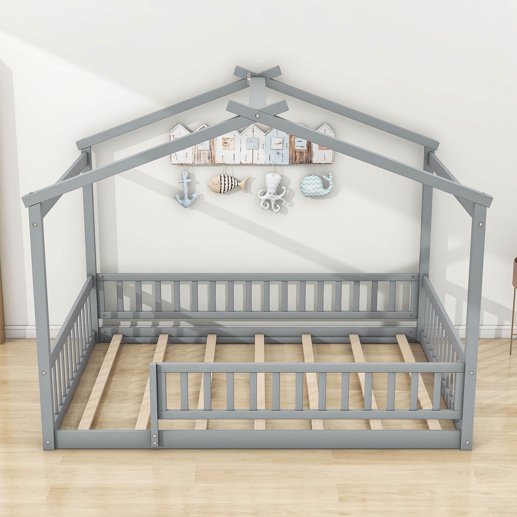 Full Size Wood House Kids Toddler Floor Bed with Rails