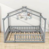 Full Size Wood House Kids Toddler Floor Bed with Rails