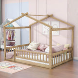 Full Size Wood House Kids Toddler Floor Bed with Rails