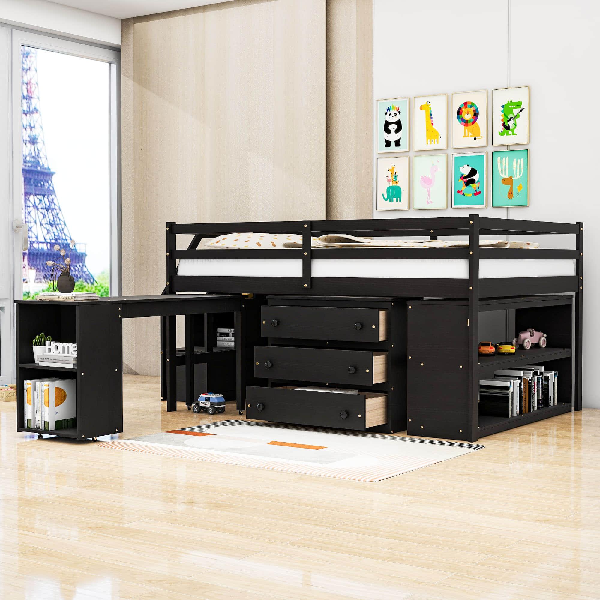 Full Size Kids Low Loft Bed with Desk and Stairs, Storage - [Dresser]