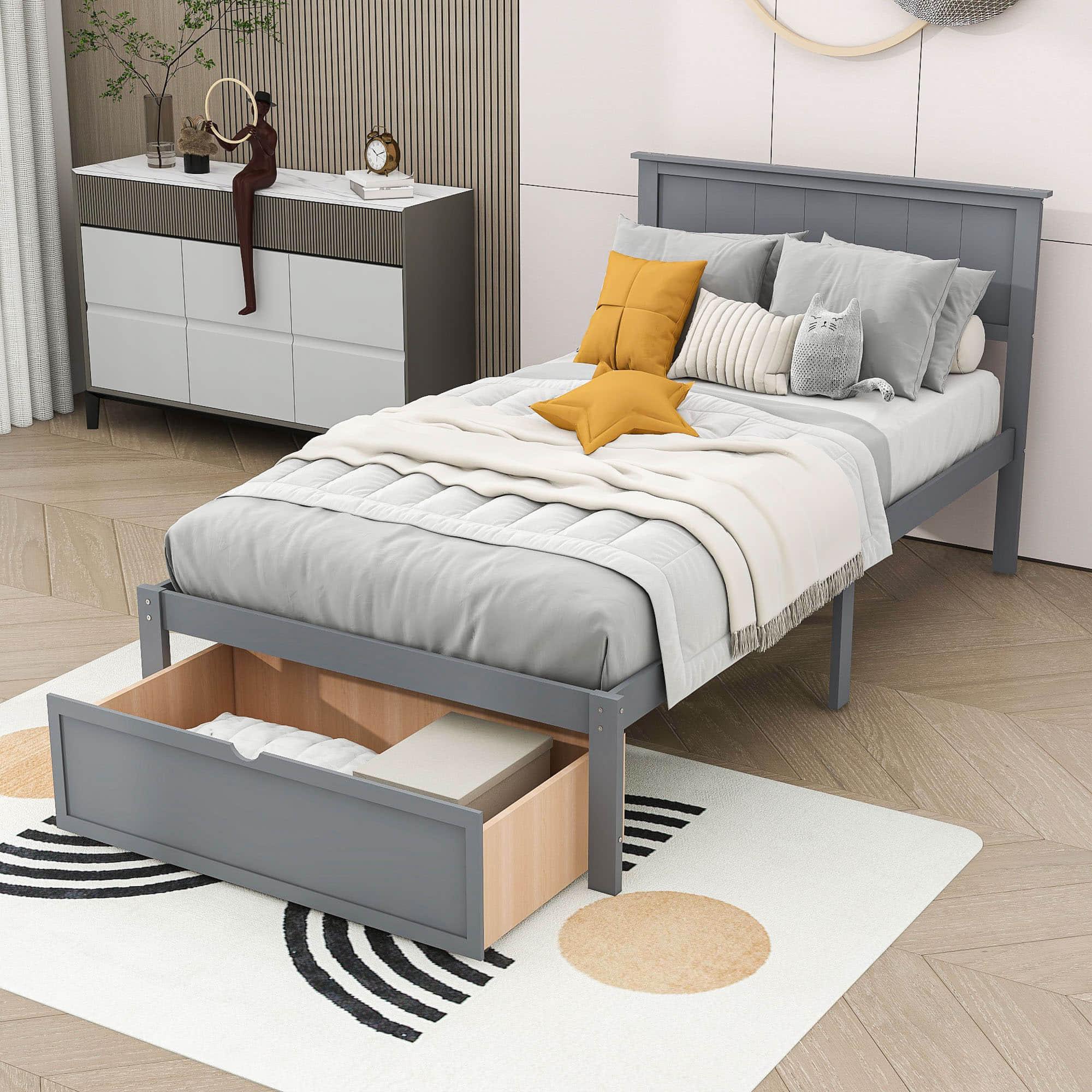 Wooden Twin Size Platform Bed Frame with Under bed Storage - [Drawer]