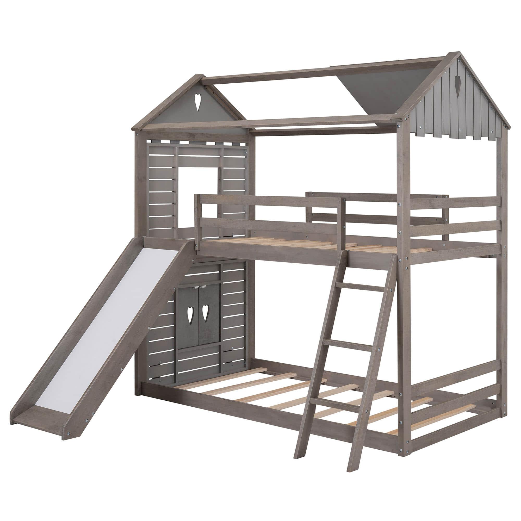 Low Twin Over Twin FarmHouse Bunk Beds with Slide for Kids, Toddler - [Wood, Floor]