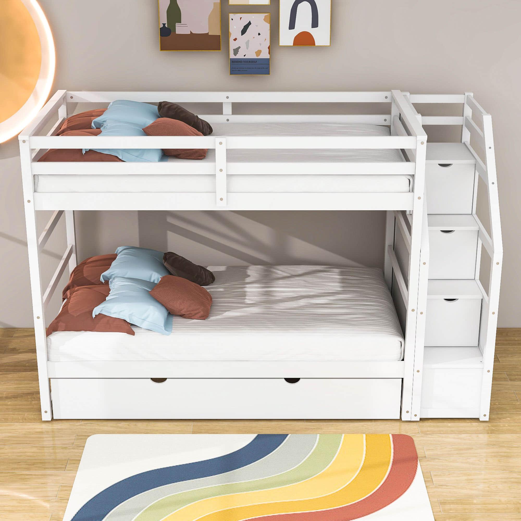 Low Twin Over Twin Bunk Beds for Kids with Storage Stairs and Trundle