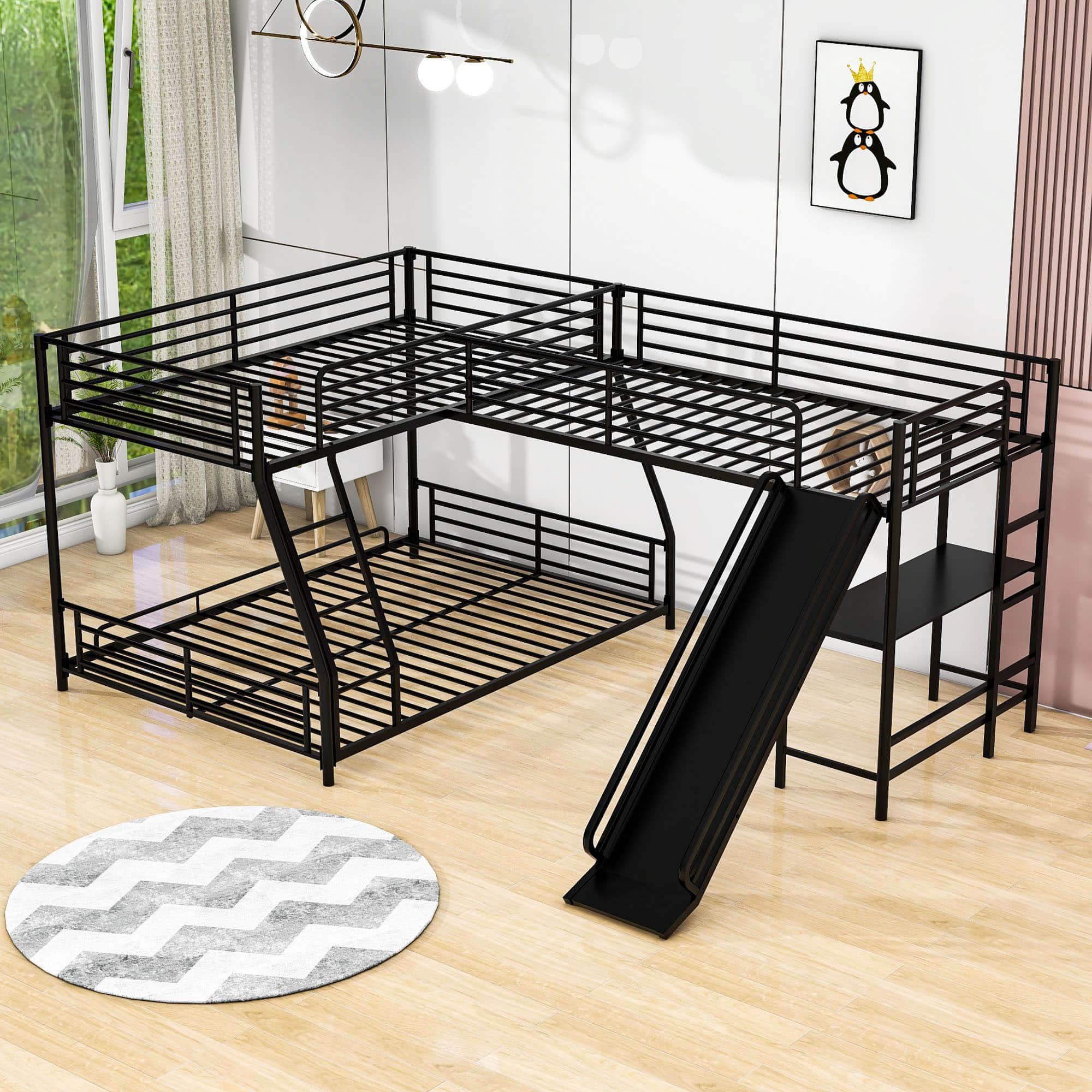 Low Twin Over Full Loft Triple Bunk Beds with Desk and Slide for Kids Toddler - [Metal]