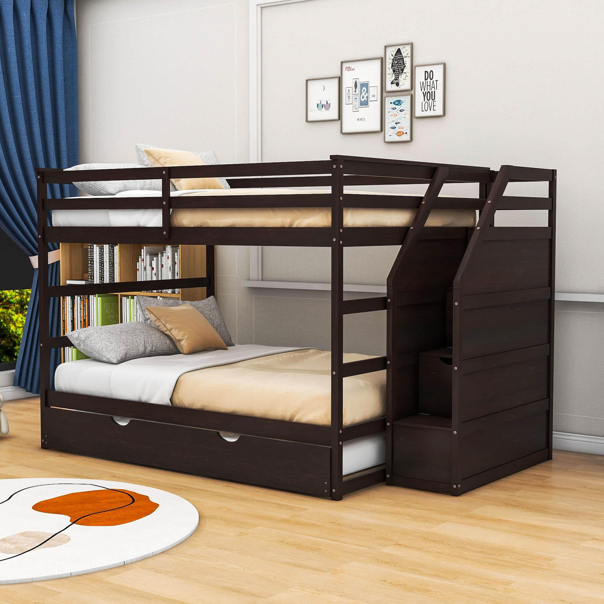 Full Over Full Bunk Beds with Stairs and Storage, Trundle - [Wood, Cabinets]