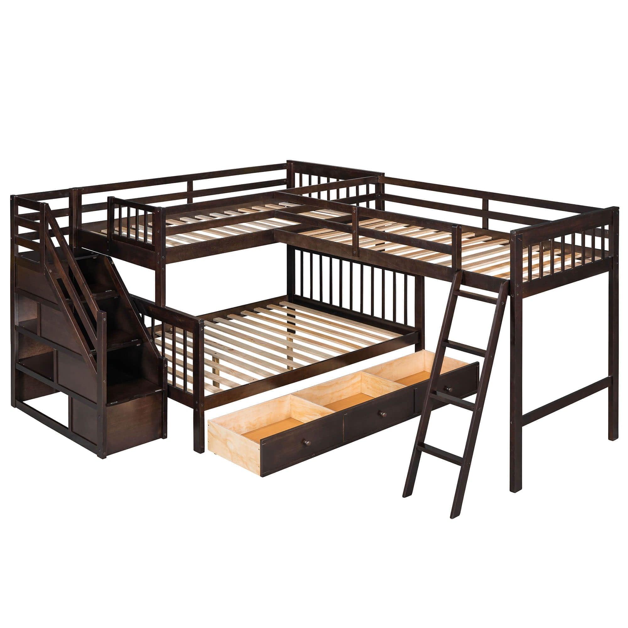 Twin Over Full Corner Loft Bunk Beds with Stairs and Storage - [Wood, Triple, Drawers]