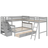 Twin Over Full Corner Loft Bunk Beds with Stairs and Storage - [Wood, Triple, Drawers]