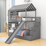 Twin Over Twin House Bunk Beds with Slide and Stairs, Trundle for Kids - [Wooden]