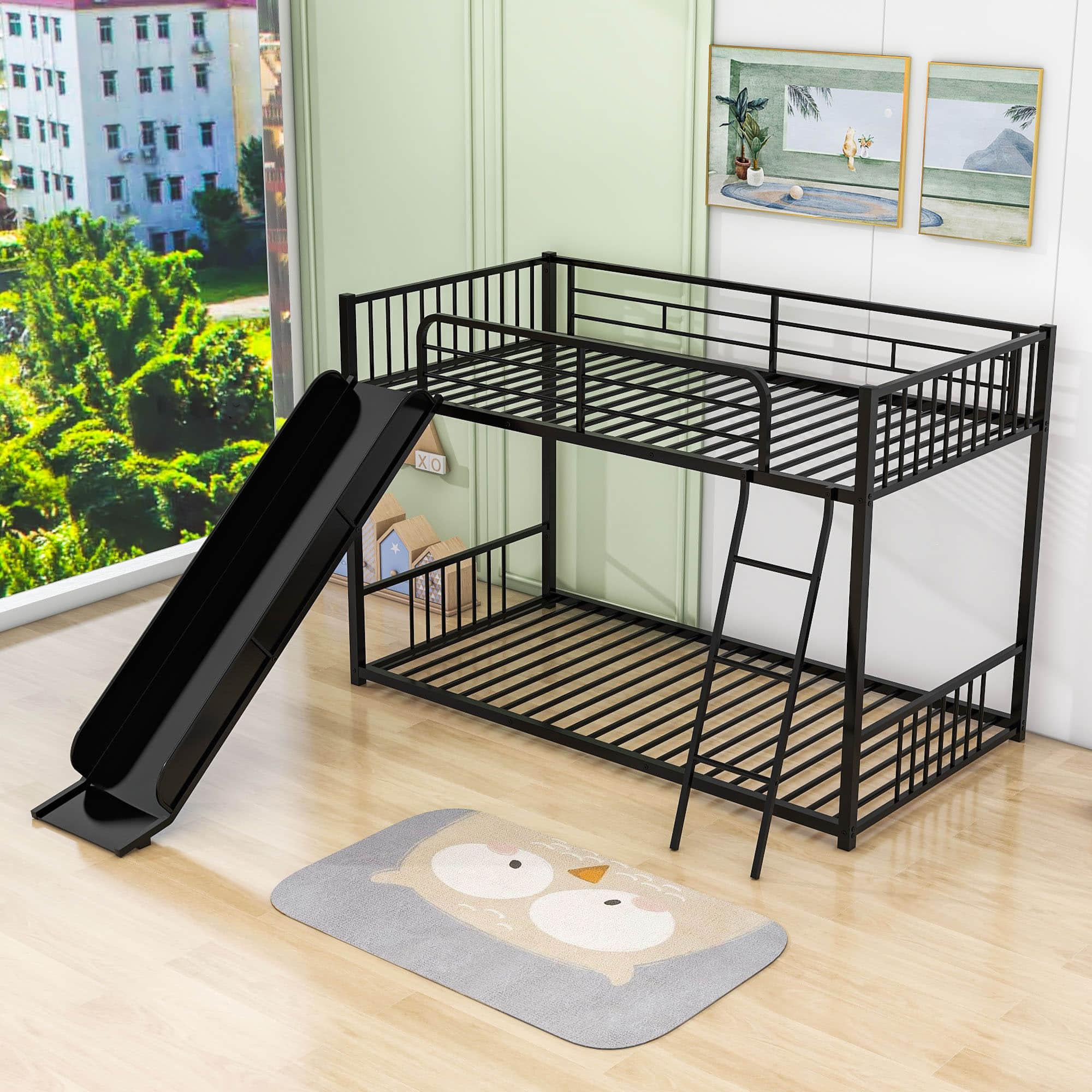 Low Twin Over Twin Bunk Beds with Slide for Kids, Toddler - [Metal]