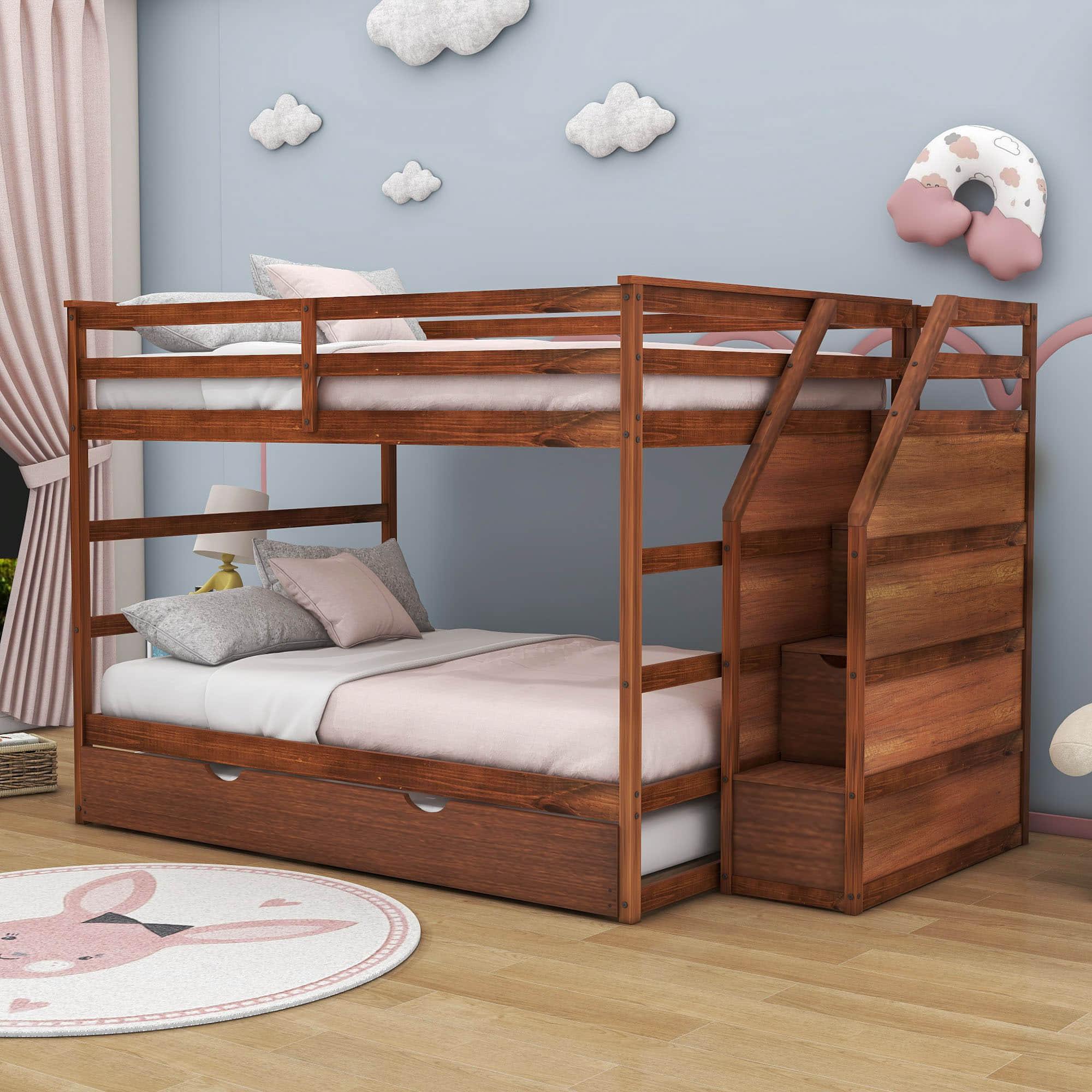 Full Over Full Bunk Beds with Stairs and Storage, Trundle - [Wood, Cabinets]