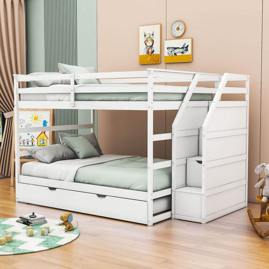 Full Over Full Bunk Beds with Stairs and Storage, Trundle - [Wood, Cabinets]