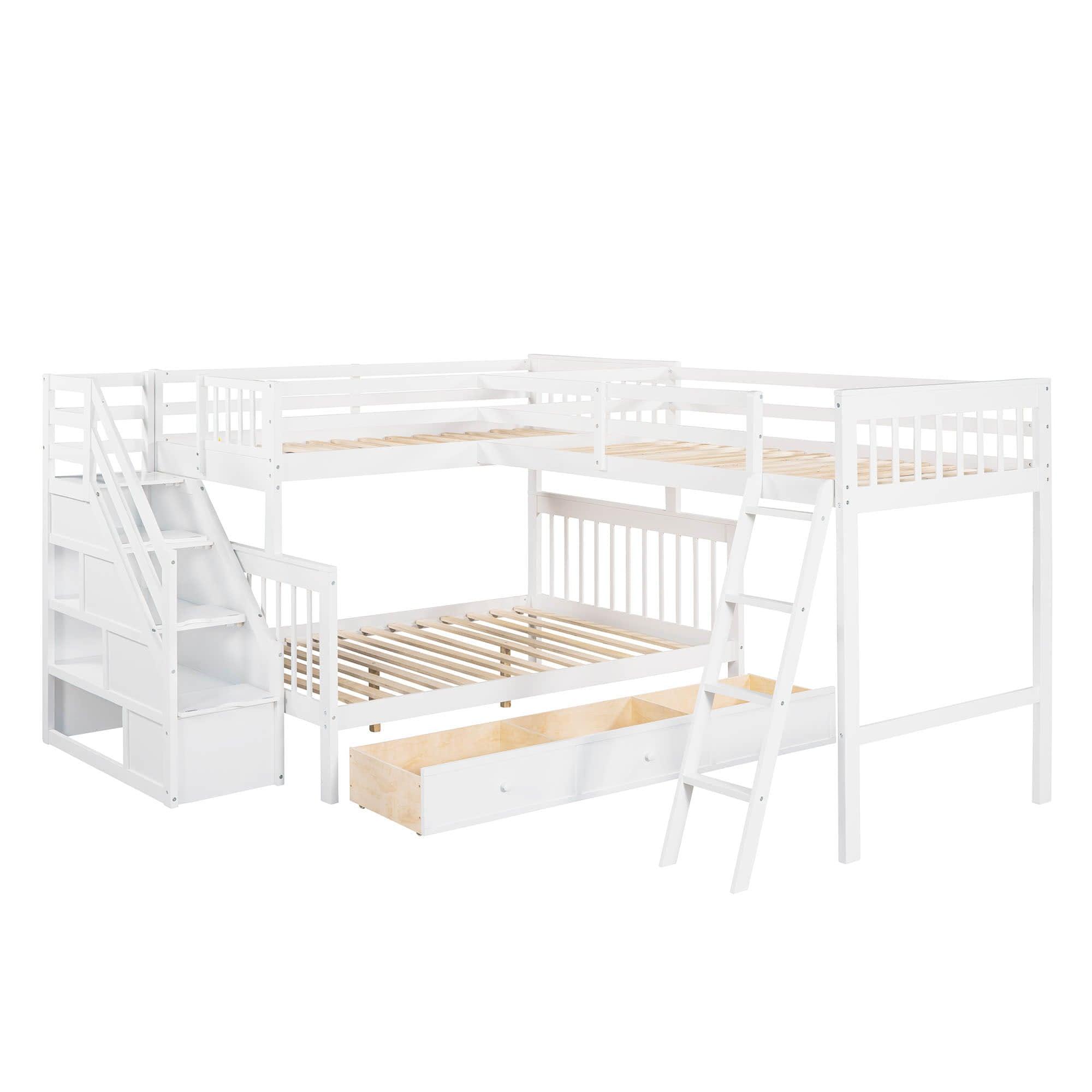 Twin Over Full Corner Loft Bunk Beds with Stairs and Storage - [Wood, Triple, Drawers]