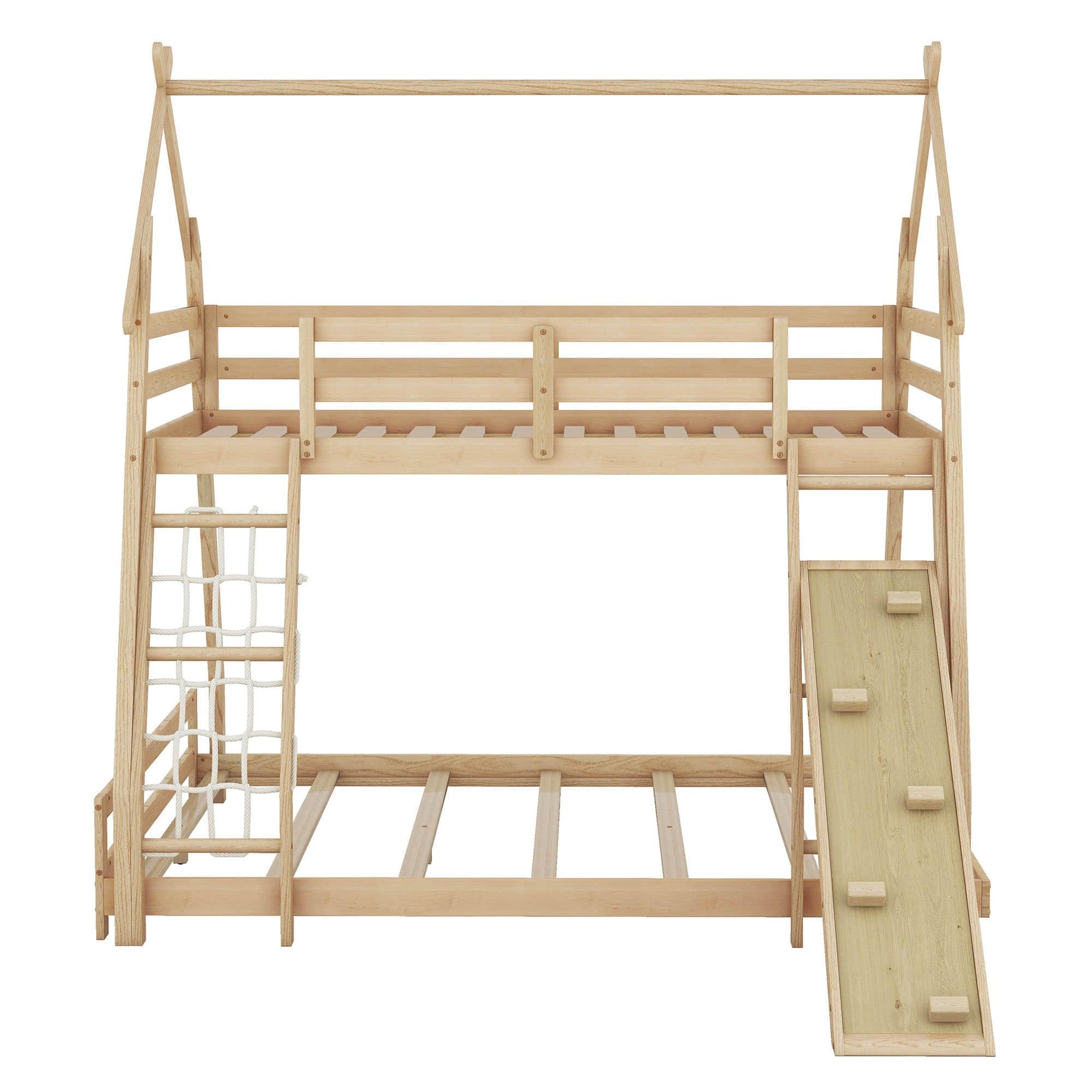 Low Twin Over Queen House Bunk Beds with Climbing Ramp & Nets - [Wooden]