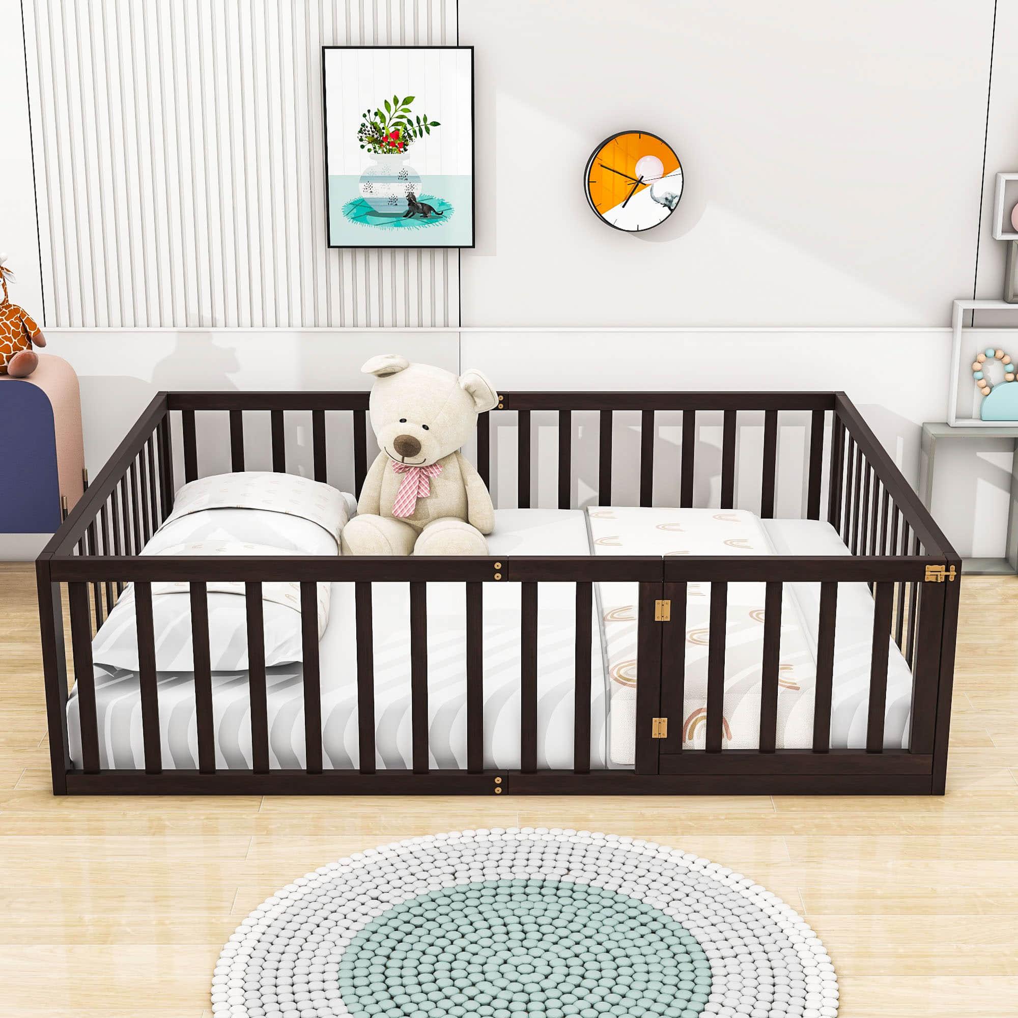 Wooden Queen Size Floor Toddler Bed with Rails and Door