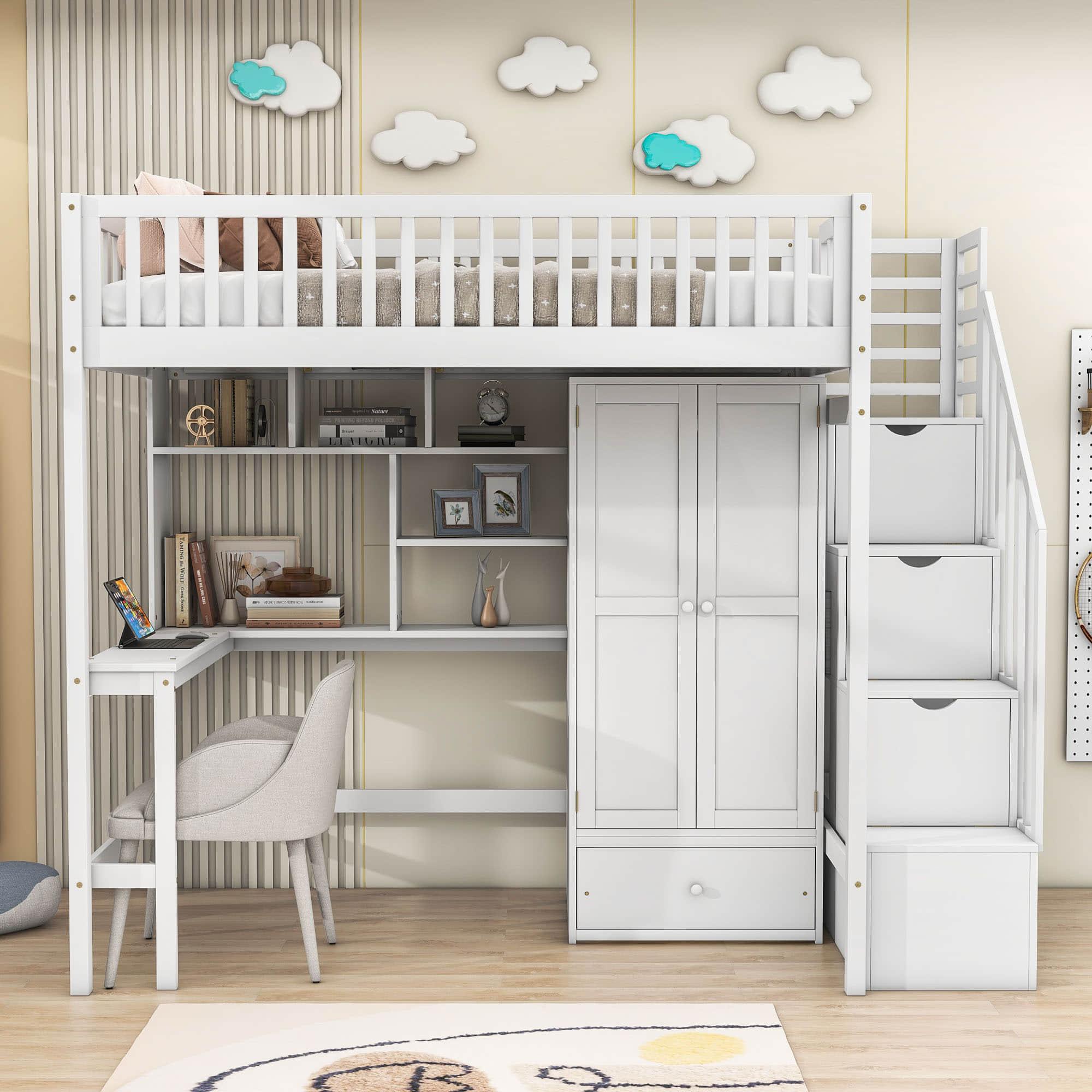 Twin Loft Bed with Desk and Storage Stairs - [Wood, Cabinet, Wardrobe, Shelves]