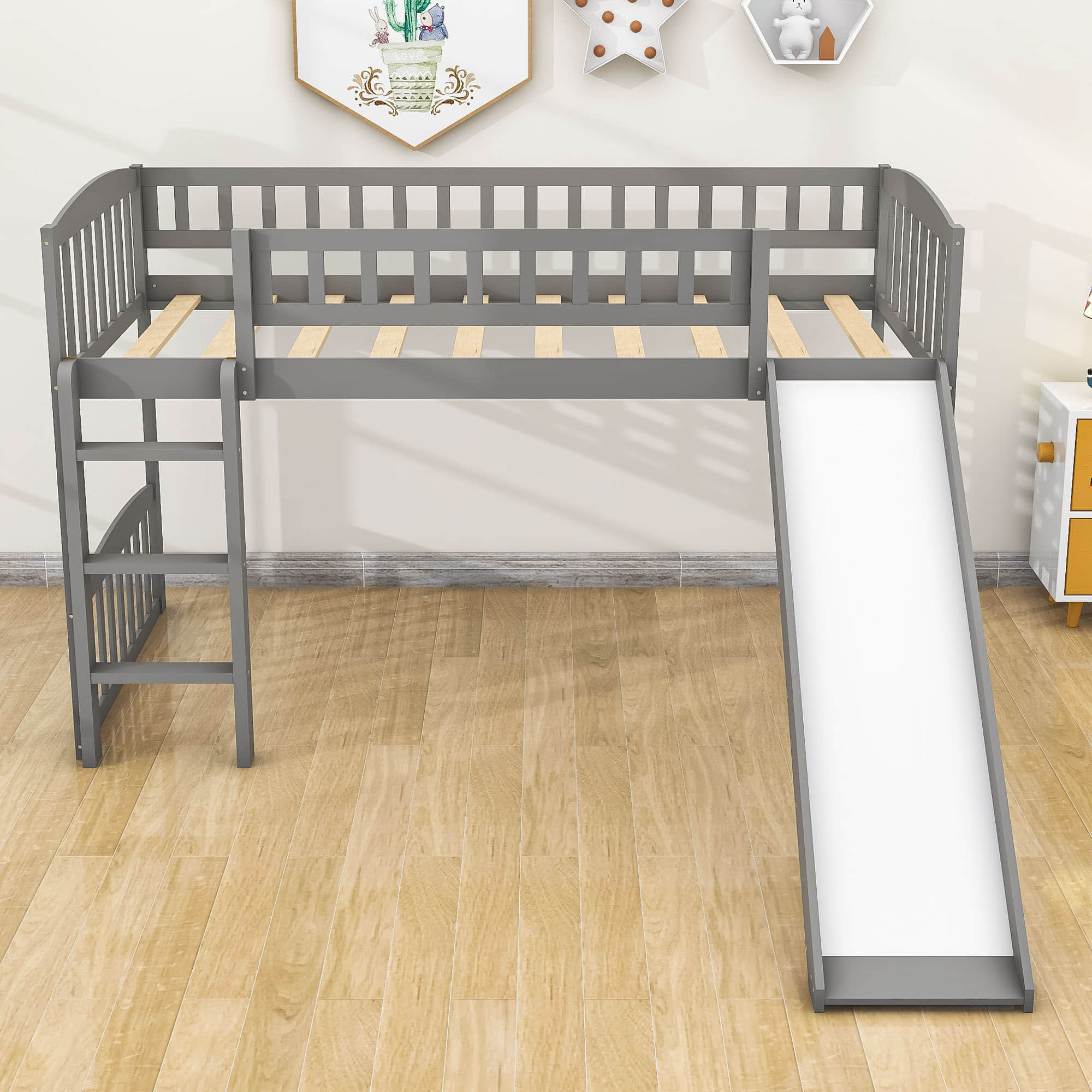 Low Twin Loft Bed with Slide for Kids - [Wood, Interchangeable]