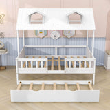 Wooden Full Size Kids House Bed with Rails and Twin Trundle Bed