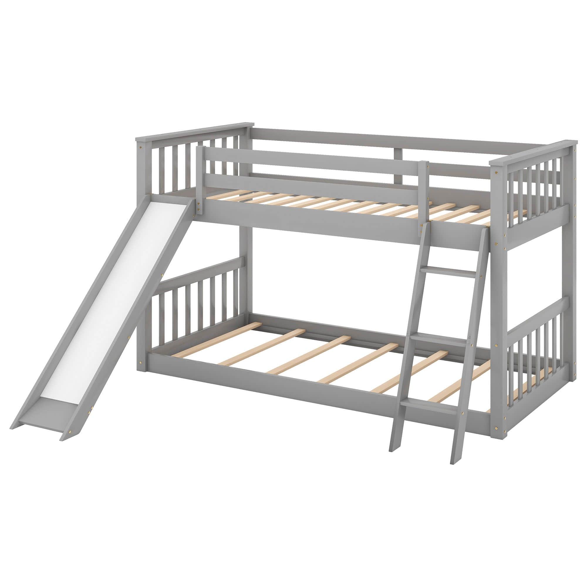 Low Twin Over Twin Bunk Beds with Slide for Kids Toddler - [Wooden, Floor, Interchangeable]