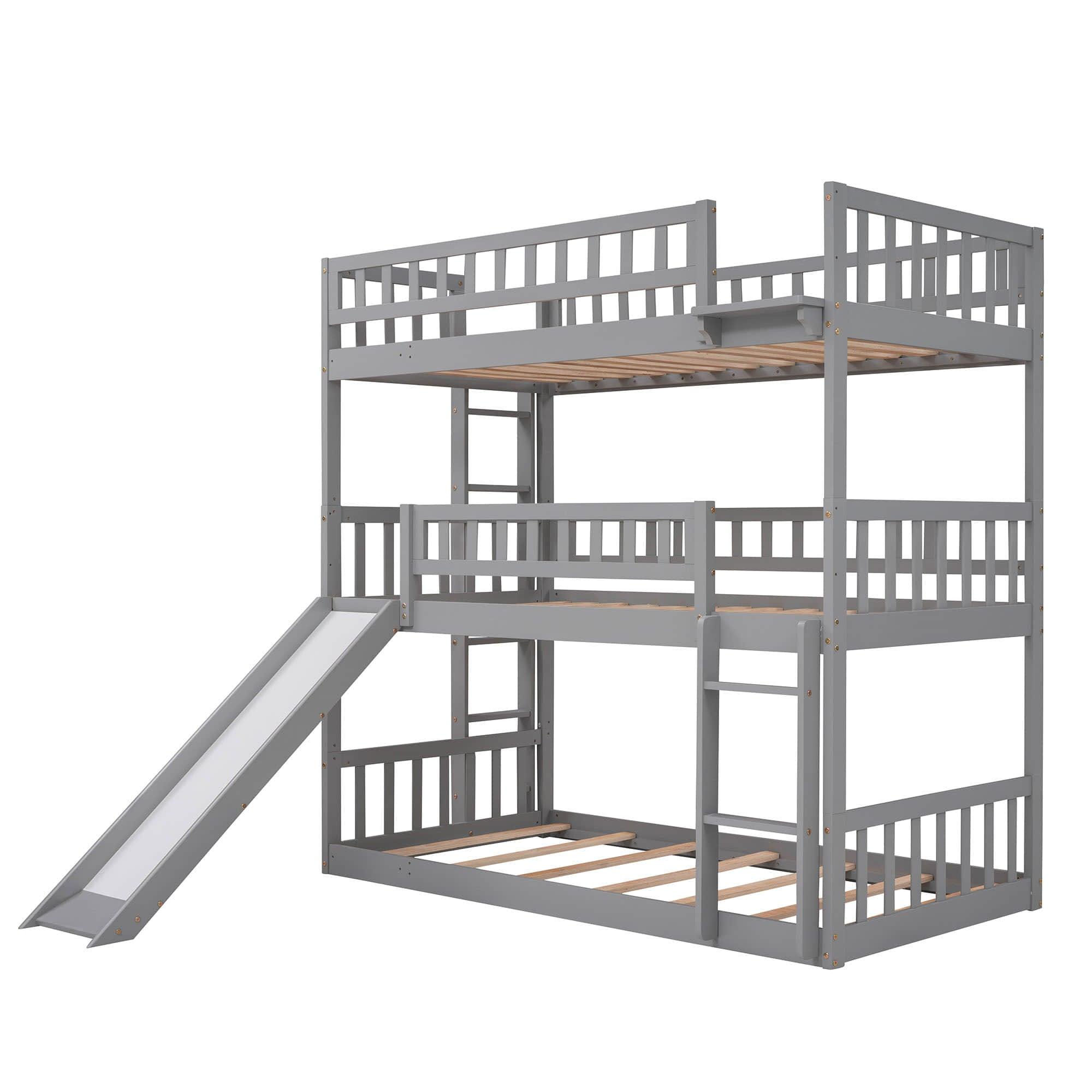 3 Level Low Twin Triple Bunk Beds with Slide for Kids, Toddler - [Wood, Convertible]