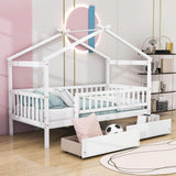 Twin Size Wood House Toddler Bed Frame with Rails and Storage