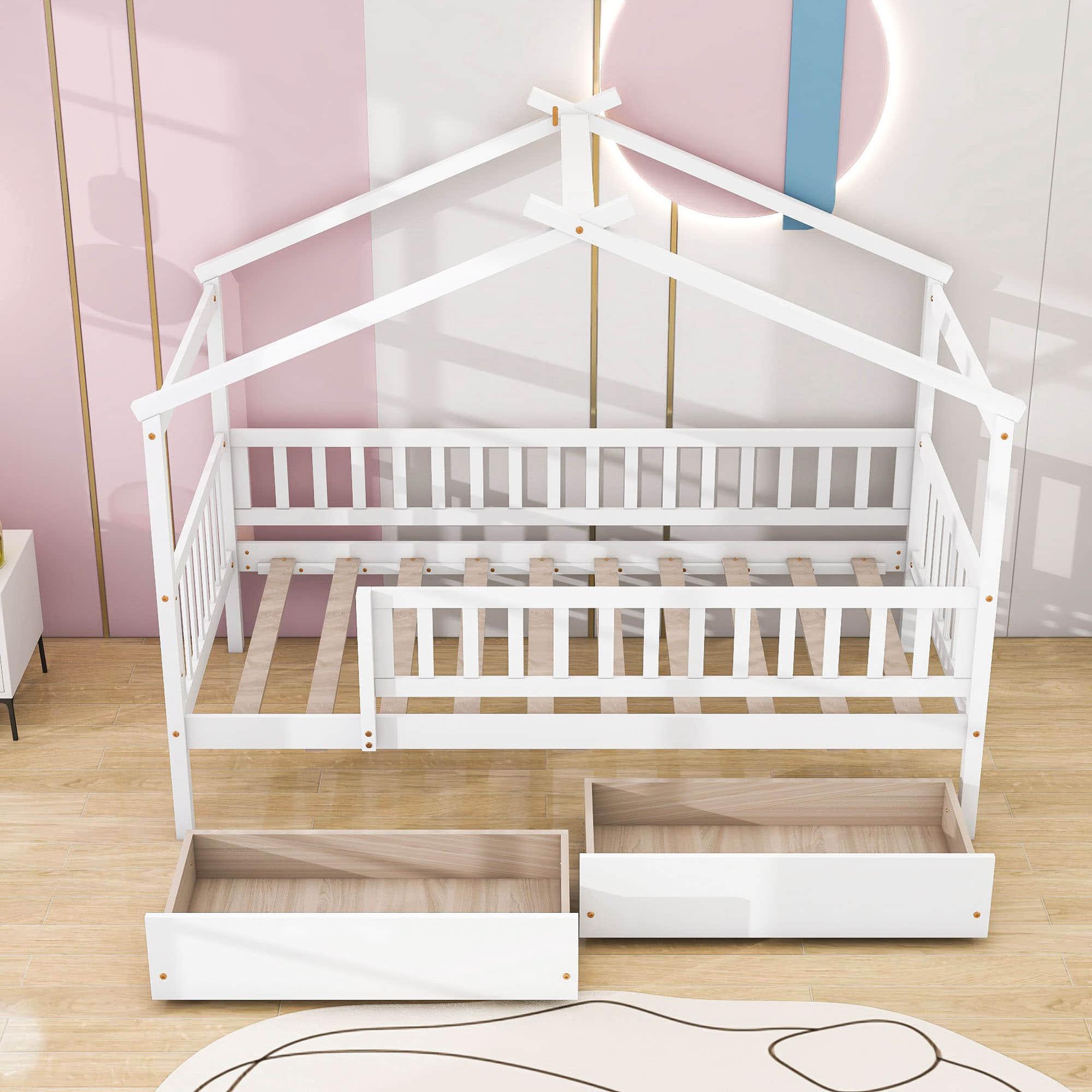 Twin Size Wood House Toddler Bed Frame with Rails and Storage