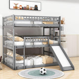 Low Triple Full Size Bunk Beds with Slide for Kids Toddler - [Wooden, Floor]