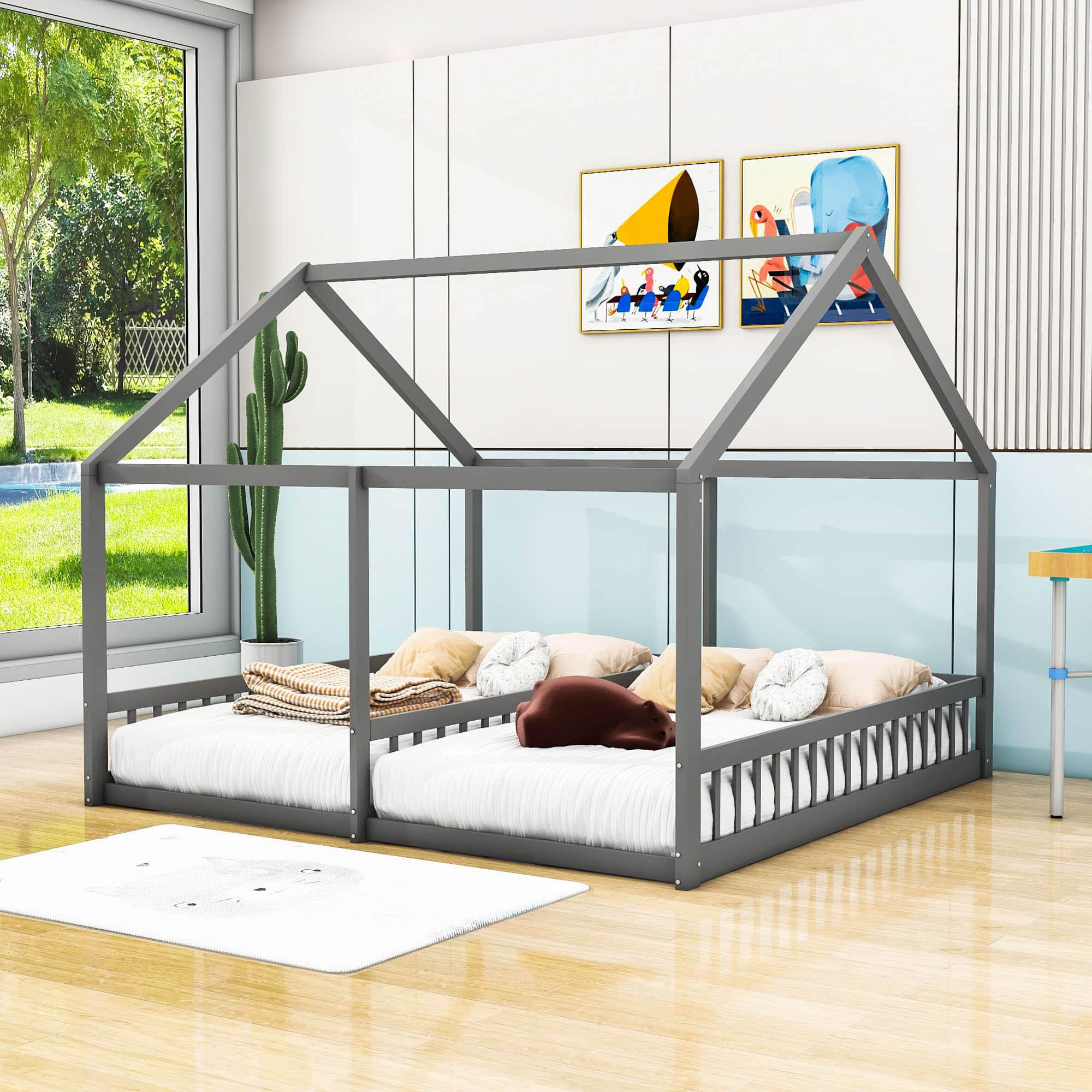 Montessori Double Twin House Floor Bed with Rails for Kids, Toddler