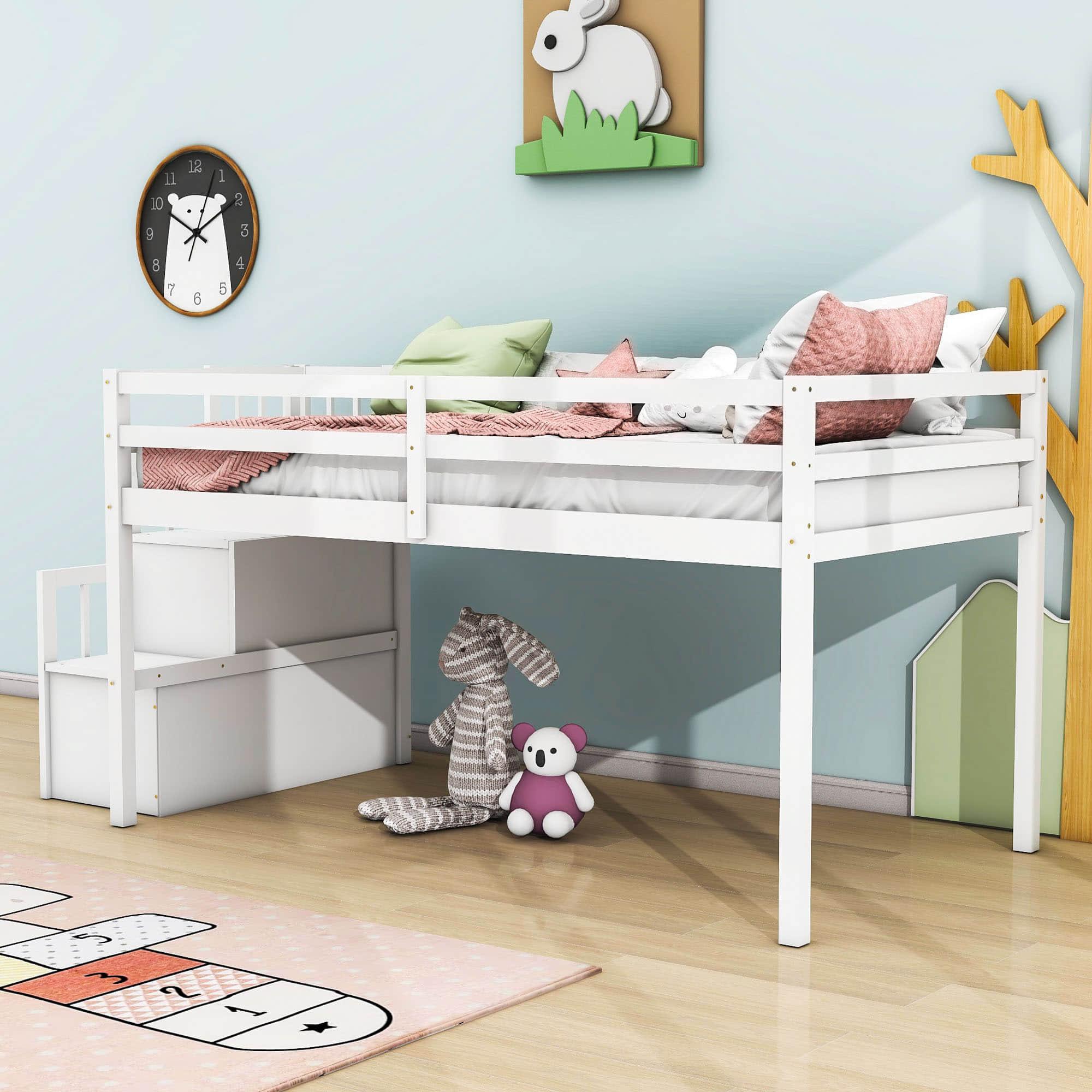 Wood Low Twin Loft Bed with Stairs and Storage for Kids, Toddler - [Shelves]