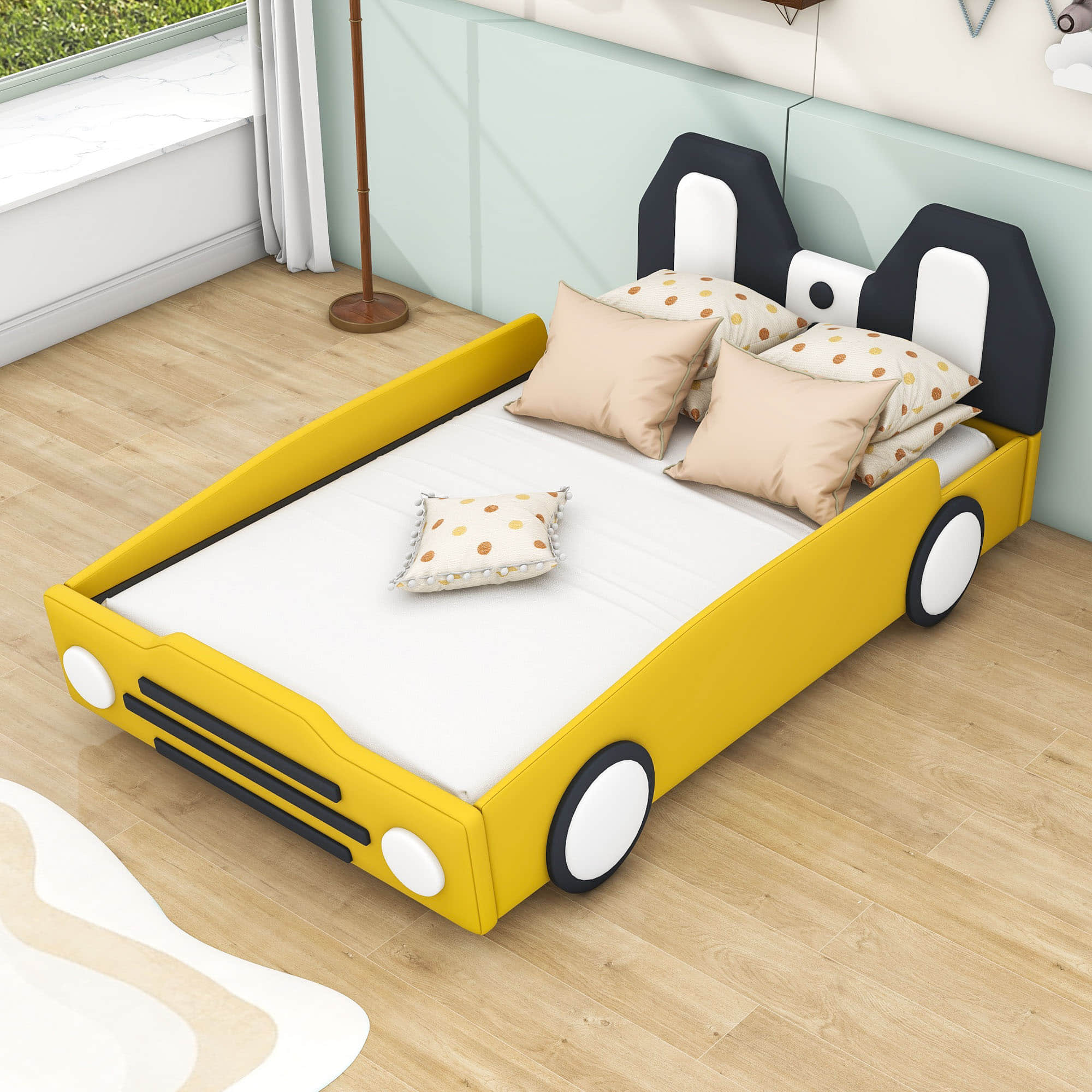 Twin Size Kids Upholstered Car Bed for Boys and Girls - [PU Leather]