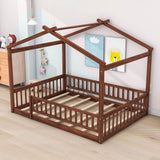 Full Size Wood House Kids Toddler Floor Bed with Rails