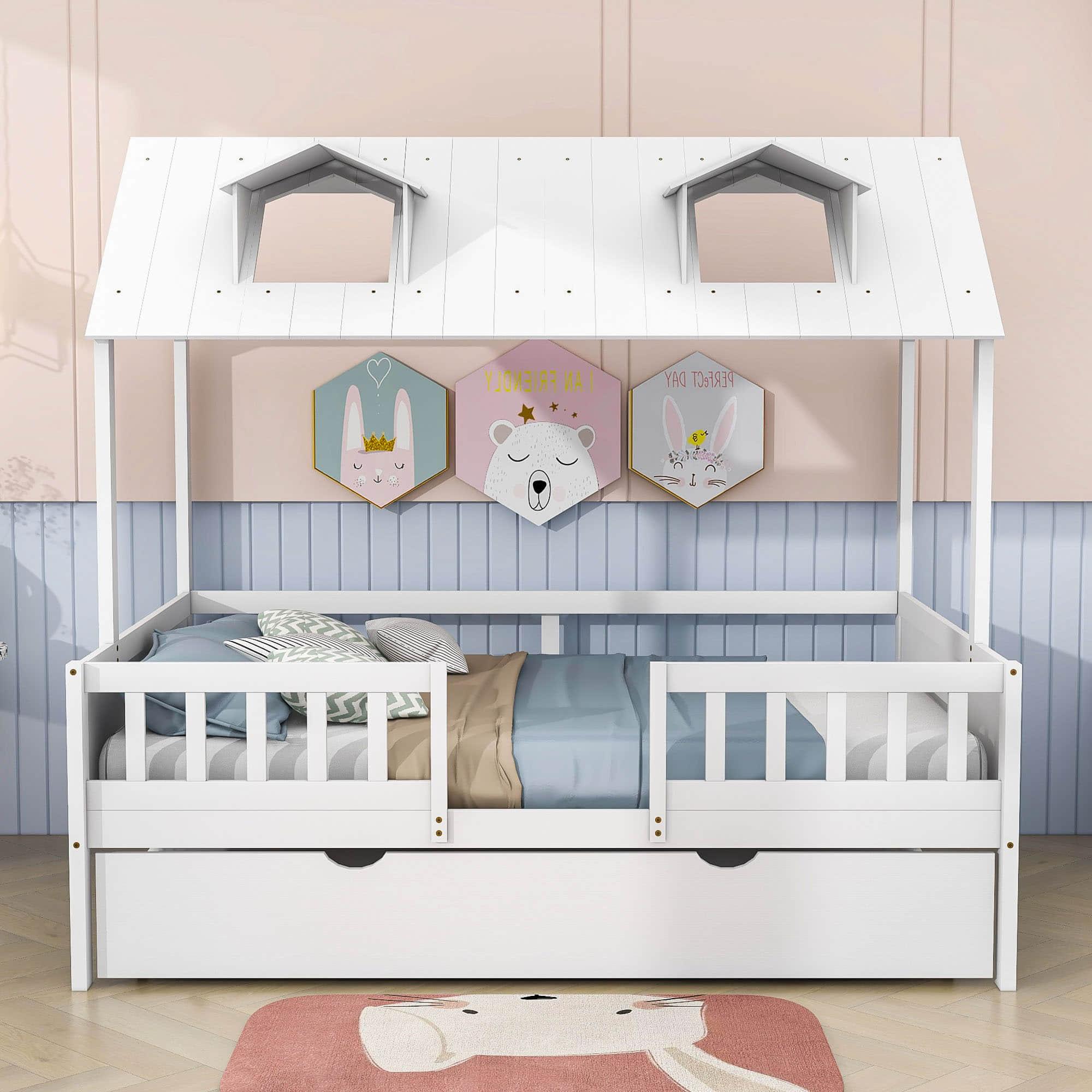 Wooden Full Size Kids House Bed with Rails and Twin Trundle Bed