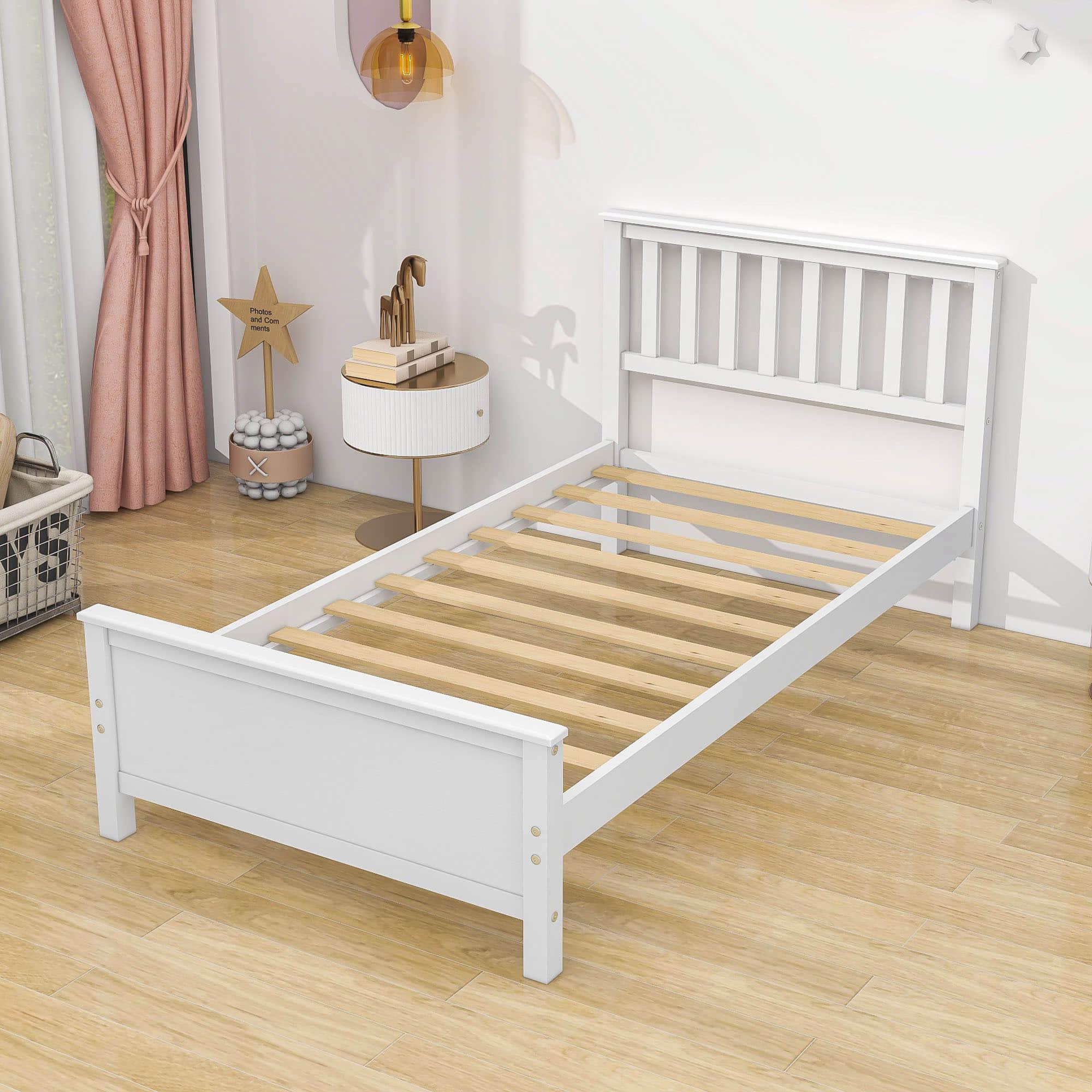 Wooden Twin Platform Bed with Headboard for Kids, Adult