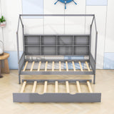 Twin Size Kids House Bed Frame with Twin Trundle and Shelf above Bed