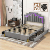 Upholstered Platform Queen Bed Frame with Headboard and LED Lights