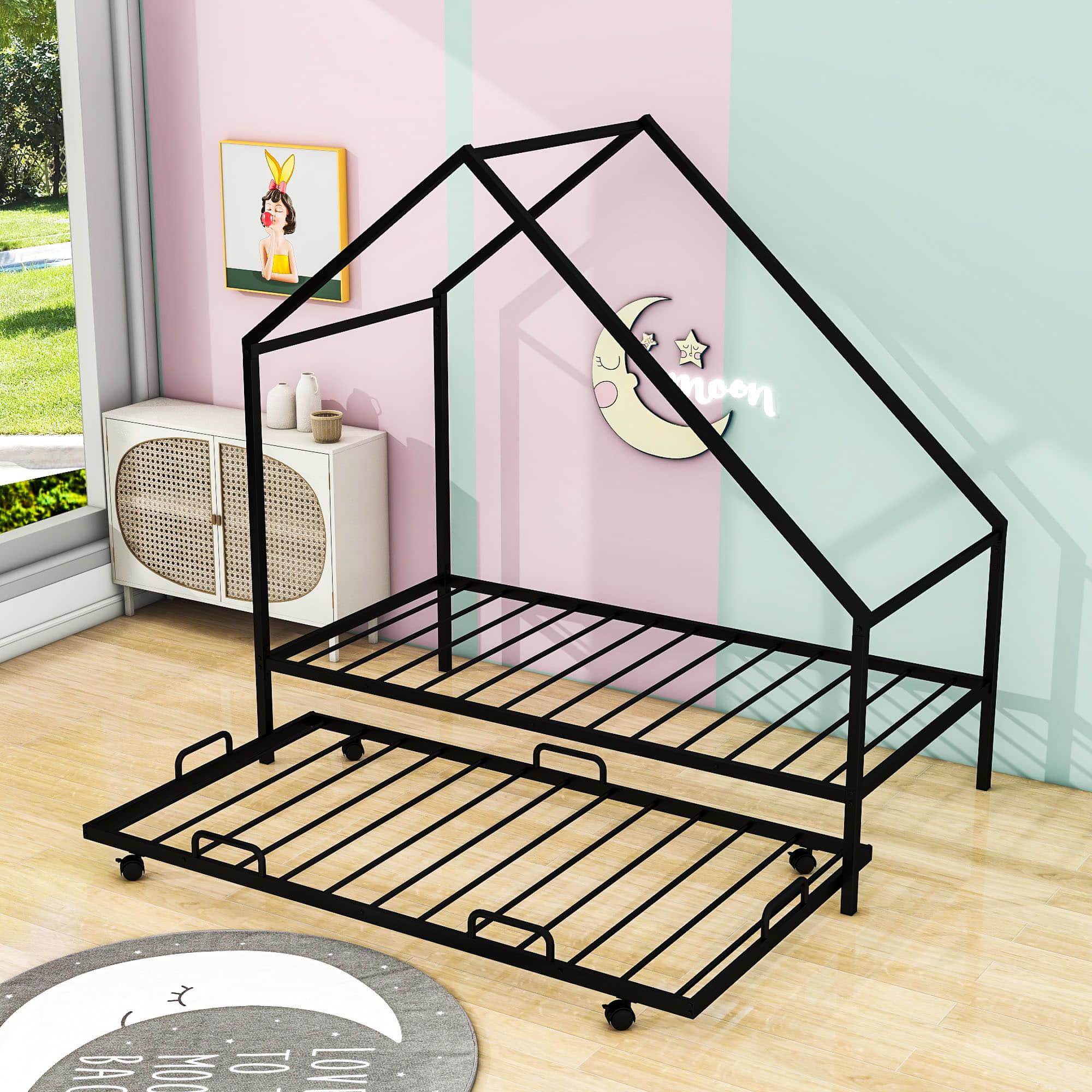 Twin Size Metal Tent House Bed Frame with Twin Trundle Bed