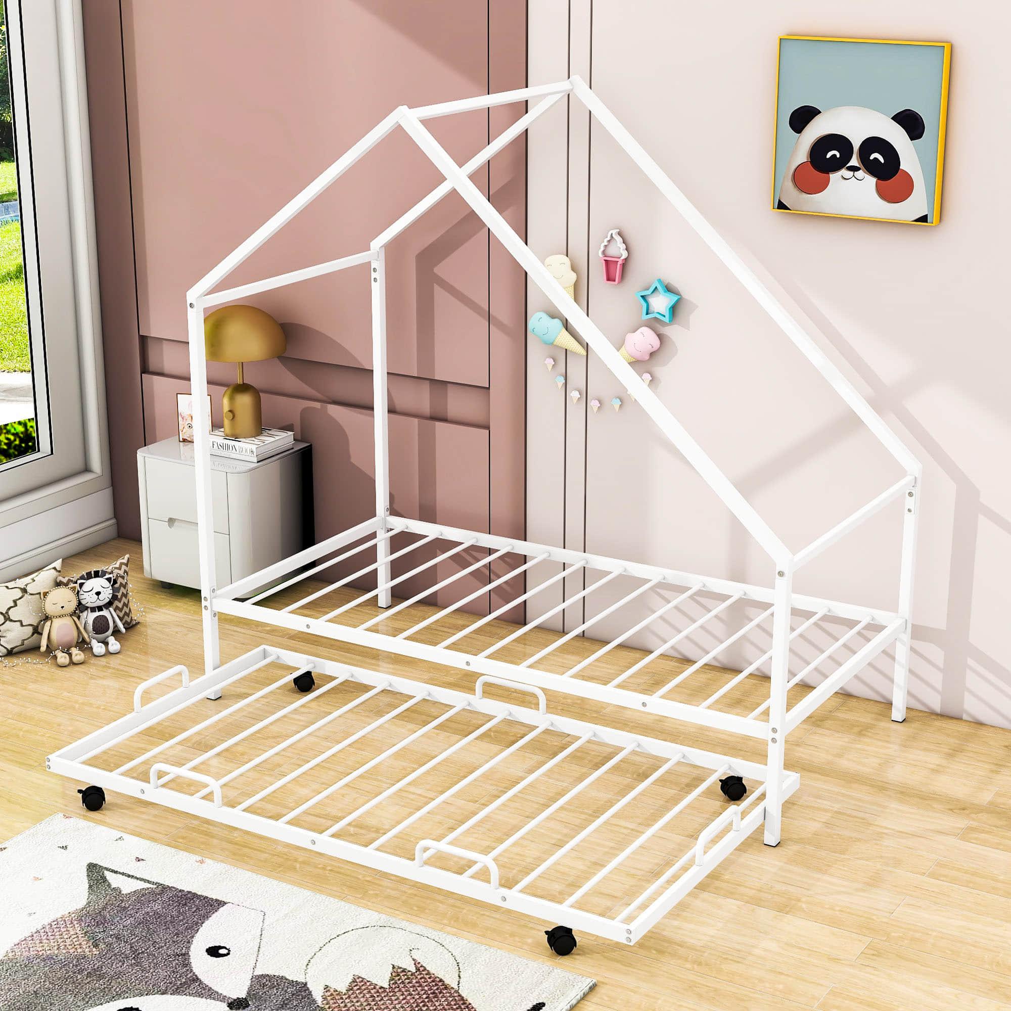 Twin Size Metal Tent House Bed Frame with Twin Trundle Bed