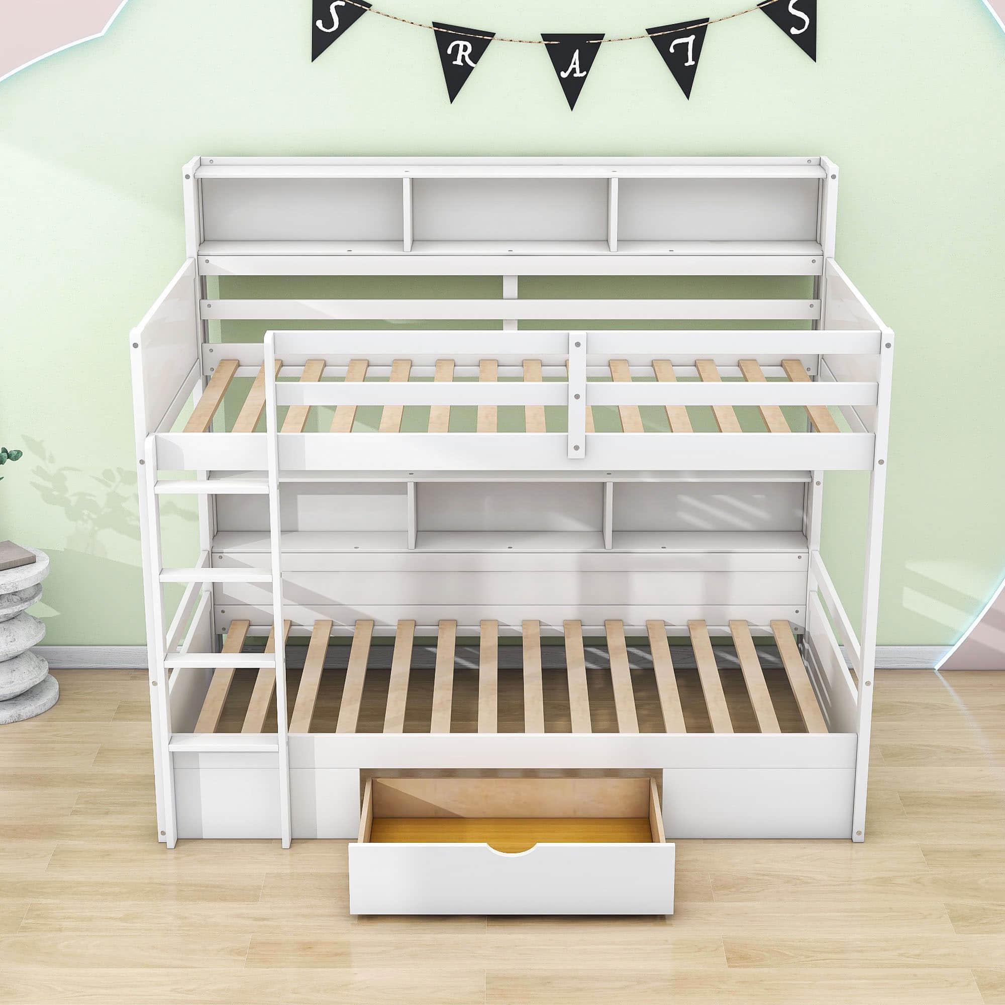 Twin Over Twin Bunk Beds with Storage Drawers and Shelves for Kids Adults - [Wooden]