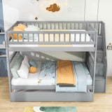 Wooden Full Size Bunk Bed with Stairs and Trundle, Storage Shelves