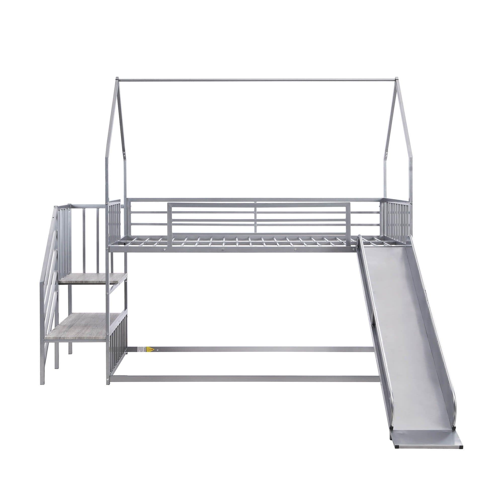 Metal House Twin Loft Bunk Beds for Kids with Stairs and Slide - [Low]