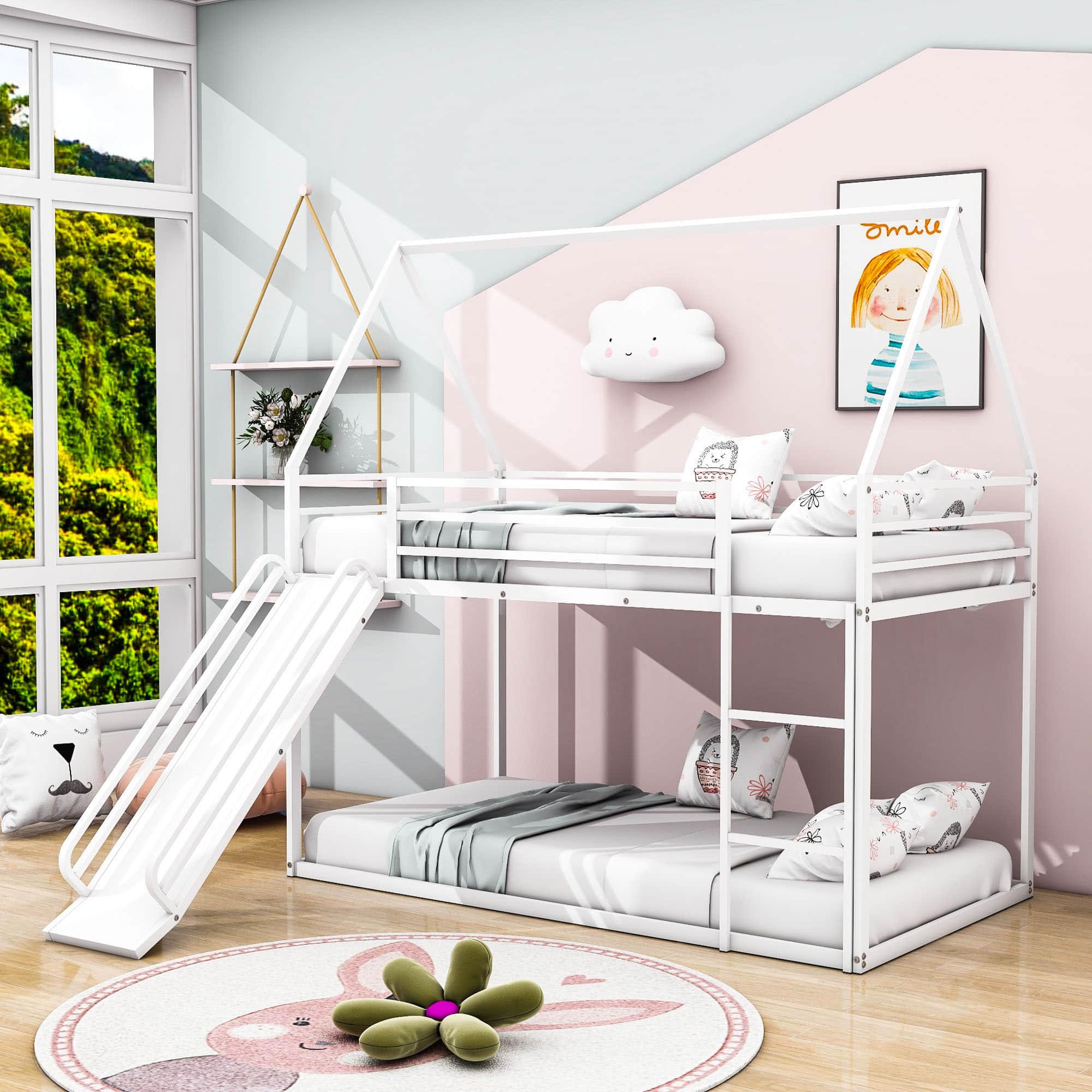 Low Twin Over Twin House Loft Bunk Beds with Slide for Kids, Toddler