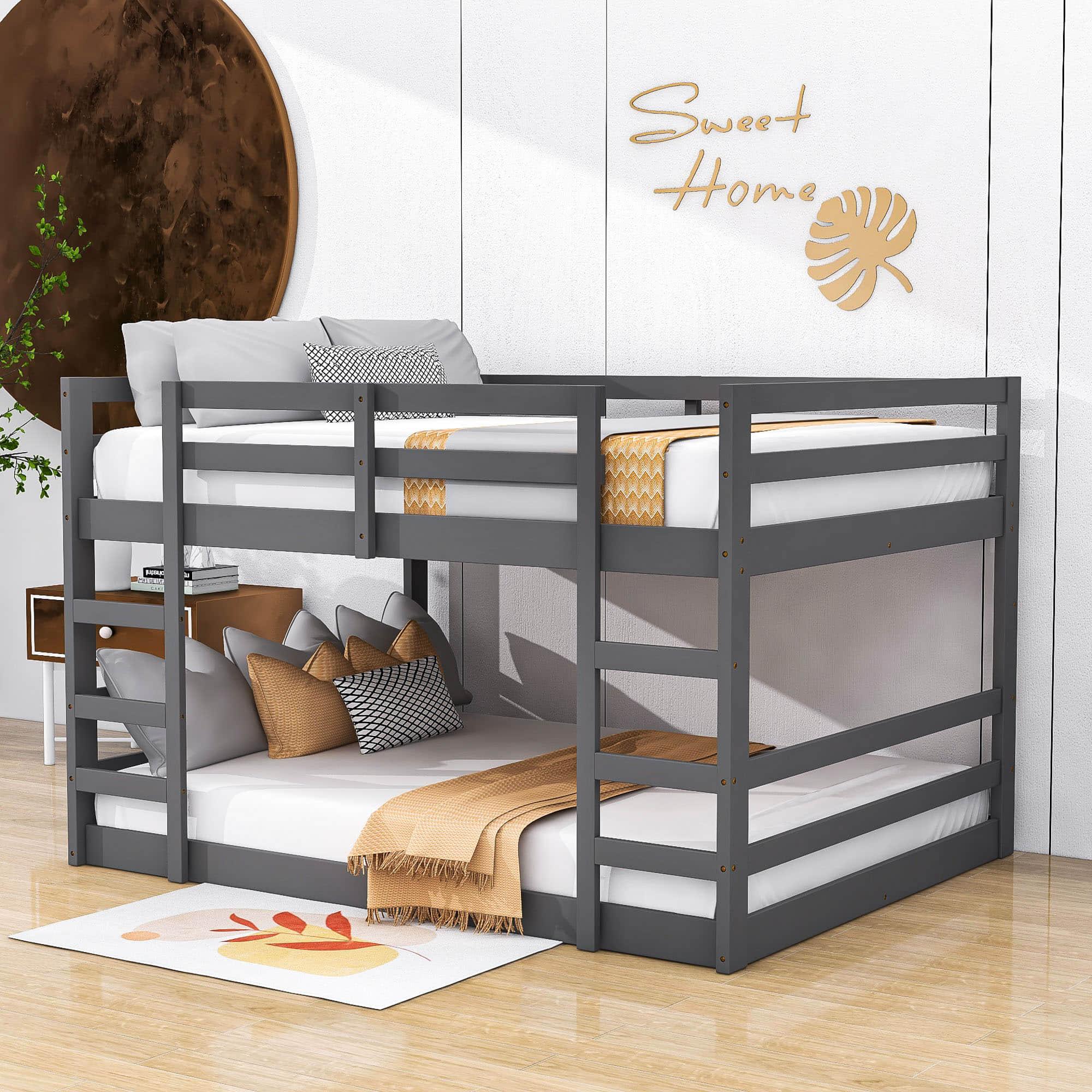 Modern Low Full Over Full Bunk Beds for Kids Toddler with 2 Ladders - Wooden