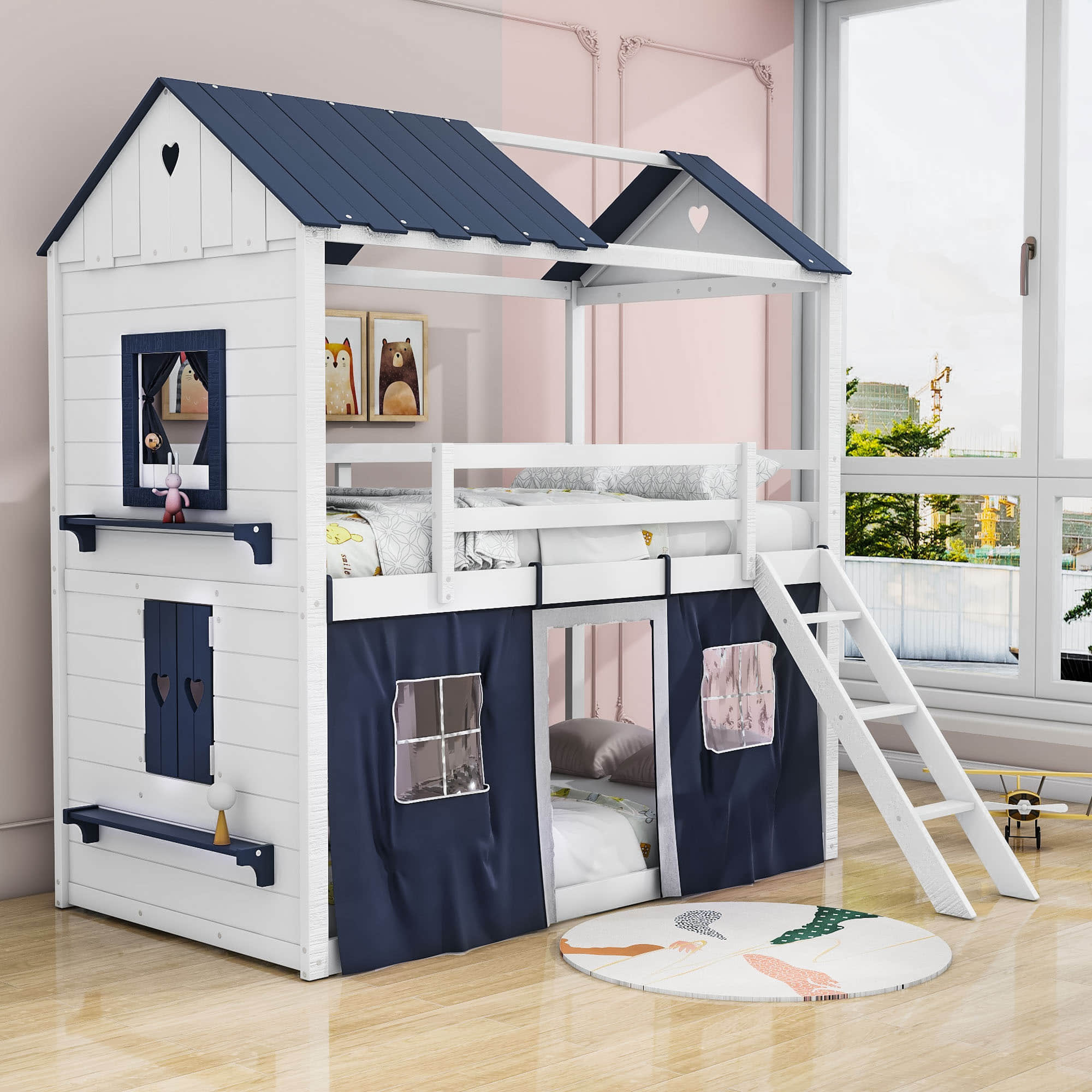 Low Twin Over Twin House Loft Bunk Beds for Kids with Curtains - [Floor]