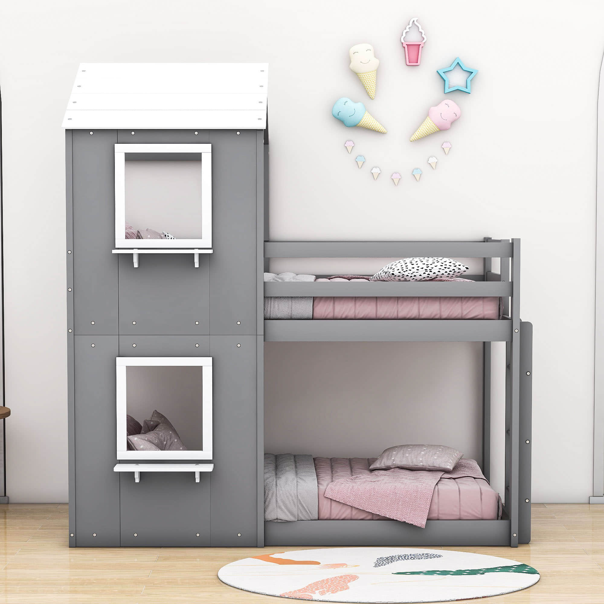 Wooden Twin Over Twin Low Bunk Beds for Kids with Fun Roof and Window