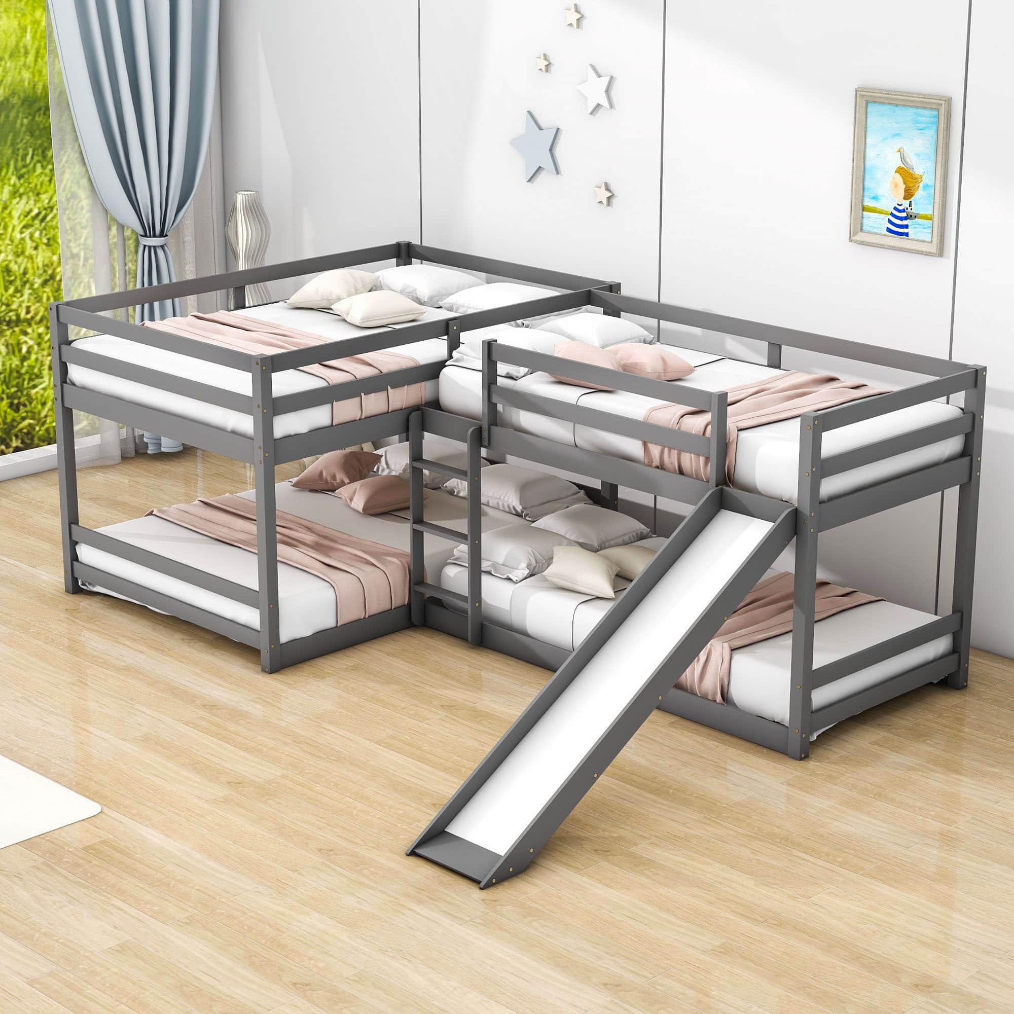 Corner Full and Twin Quad Bunk Beds with Slide - [Wooden, Convertible, L-Shaped]