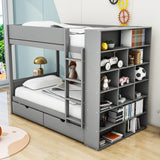 Wooden Twin Over Twin Bunk Beds with Storage Drawers, Shelves